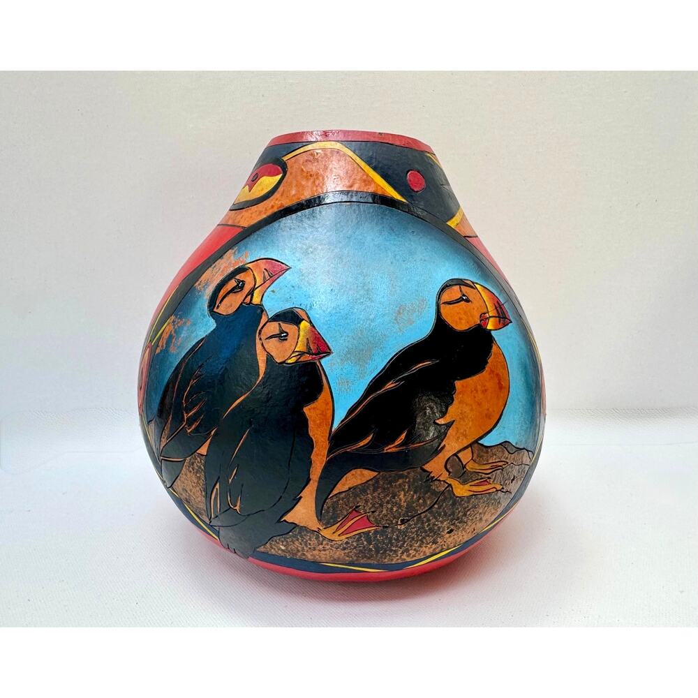 Vintage Hand Carved Puffin Gourd Art Vessel Signed Stone Heat